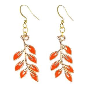 Orange leaf branch dangle earrings — fall autumn jewelry